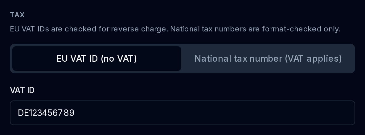 Billing tax section offering an EU VAT ID or a national tax number, with their VAT treatment explained.