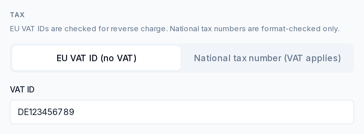 Billing tax section offering an EU VAT ID or a national tax number, with their VAT treatment explained.