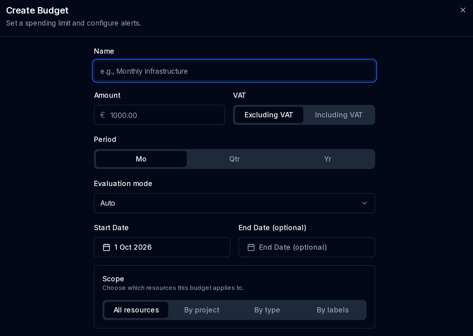 Create Budget form with amount, saved VAT choice, period and evaluation mode.