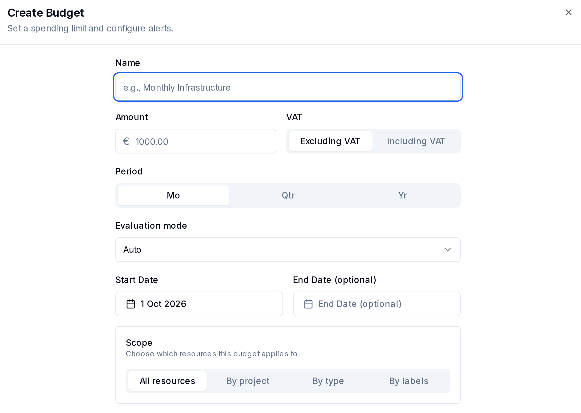 Create Budget form with amount, saved VAT choice, period and evaluation mode.