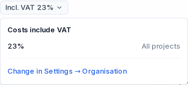 Header chip Incl. VAT 23% open, explaining that costs include VAT and linking to Settings → Organisation.