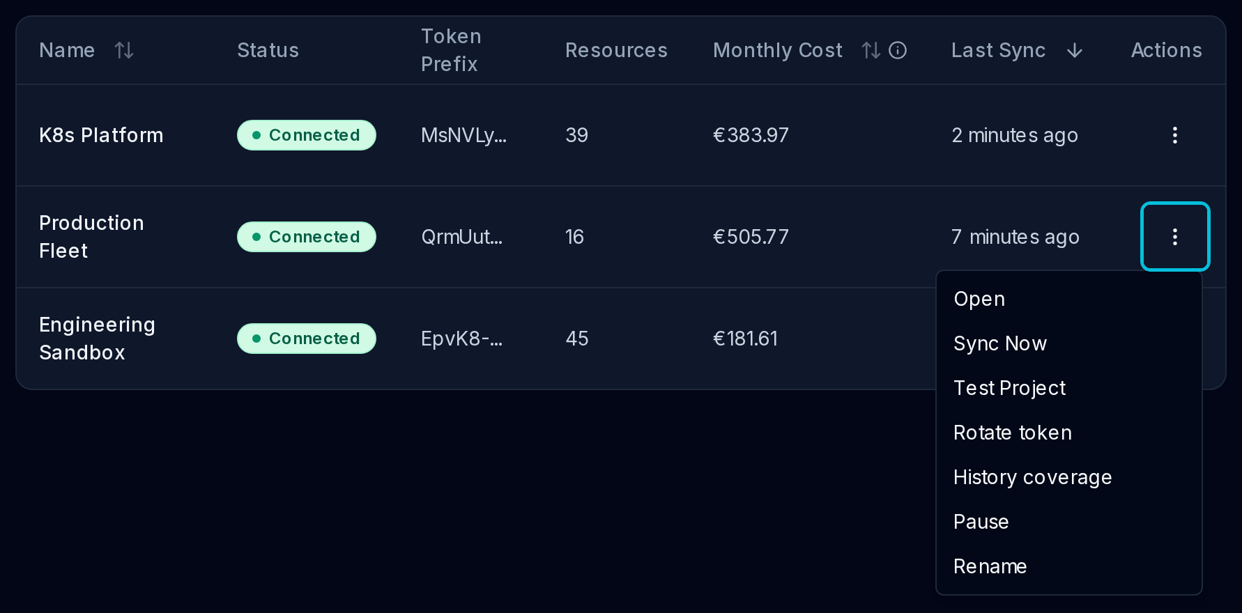 Projects table with the action menu open on the Production Fleet row, listing Open, Sync Now, Test Project, Rotate token, History coverage, Pause and Rename.