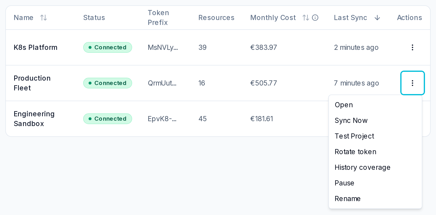 Projects table with the action menu open on the Production Fleet row, listing Open, Sync Now, Test Project, Rotate token, History coverage, Pause and Rename.