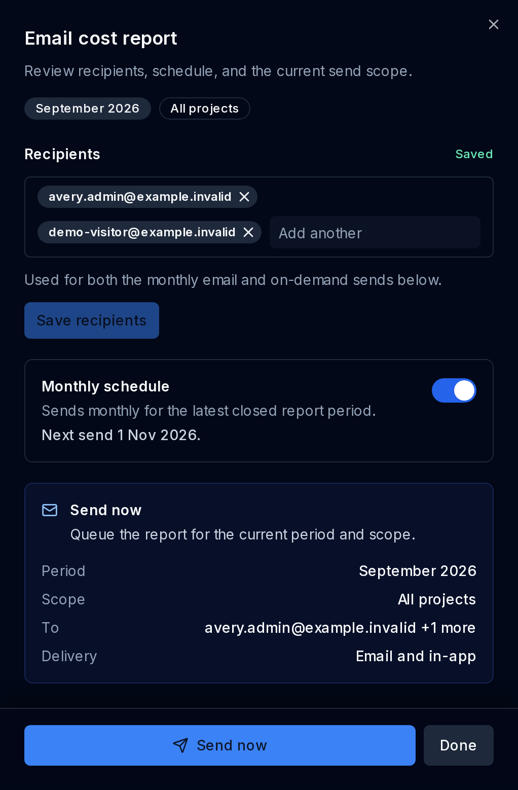Email cost report drawer showing recipients, the monthly schedule, and the current period, scope and delivery method.